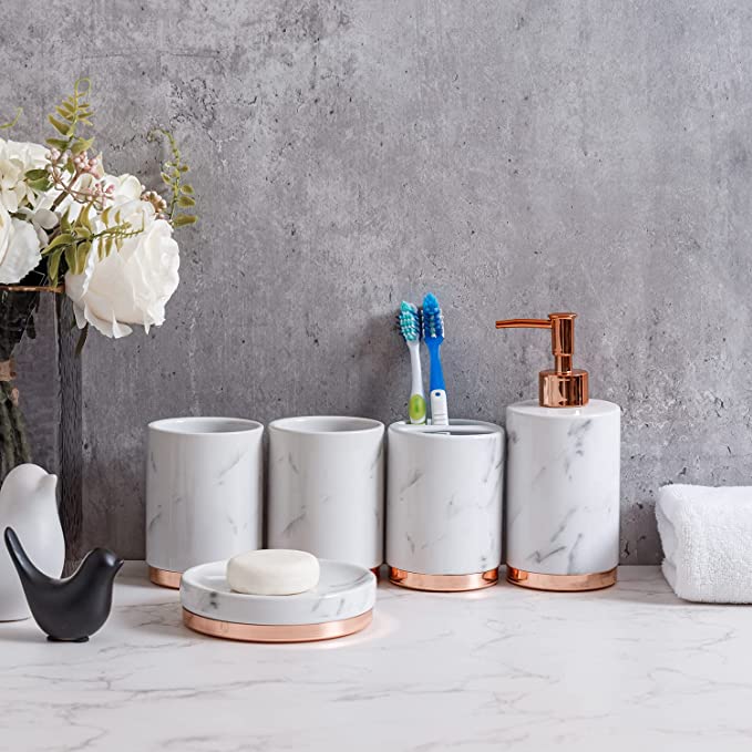 Modern Bathroom Accessories Set, Bath Accessory with Toothbrush Holder, Pump Dispenser, Tumbler and Soap Dish-MyGift