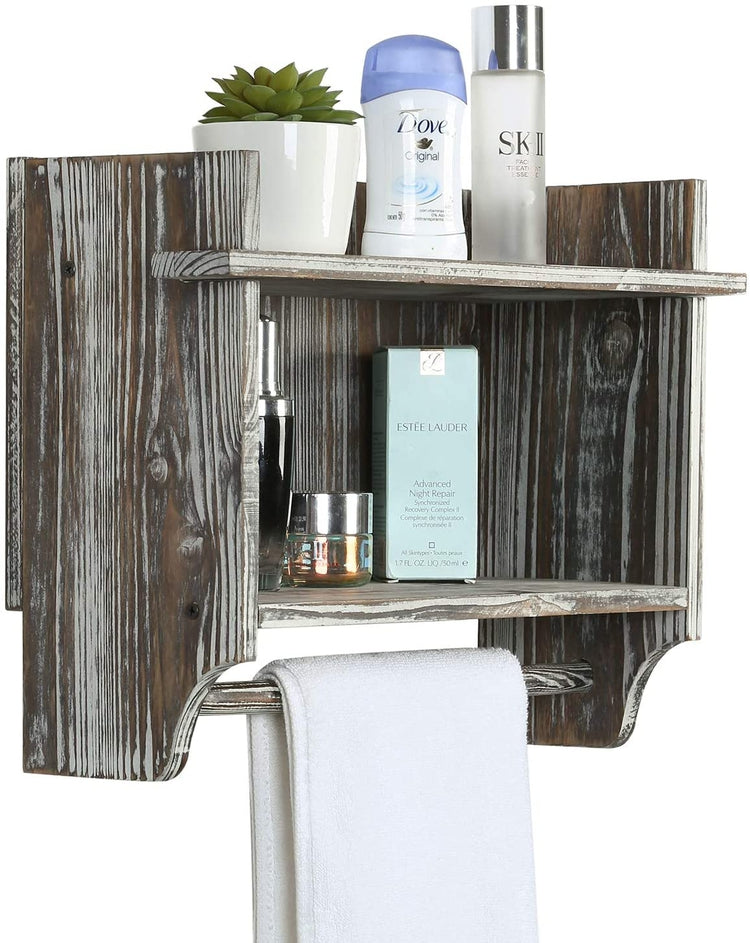 Torched Wood Bathroom Organizer, Wall Mounted Rack with 2 Shelves and Hanging Towel Bar-MyGift
