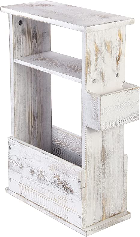 2 Tier Shabby Whitewashed Wood End Table with Magazine Holder, Display Shelf and Remote Control Holder Rack-MyGift