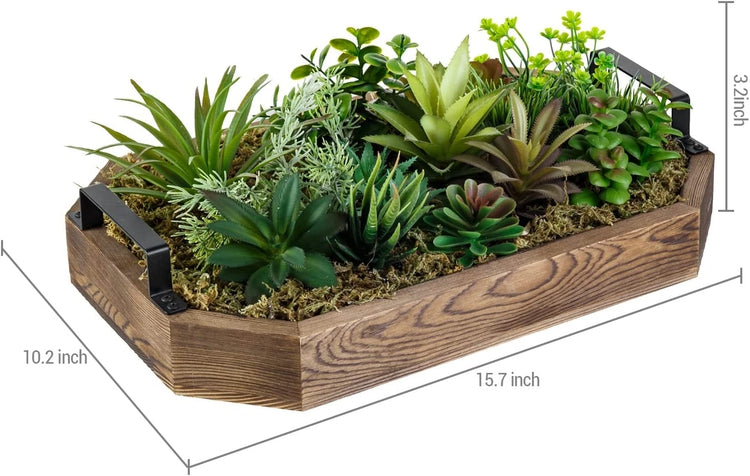 Assorted Artificial Plants Arrangement Tabletop Centerpiece in Burnt Wood Octagonal Tray with Black Metal Handles-MyGift