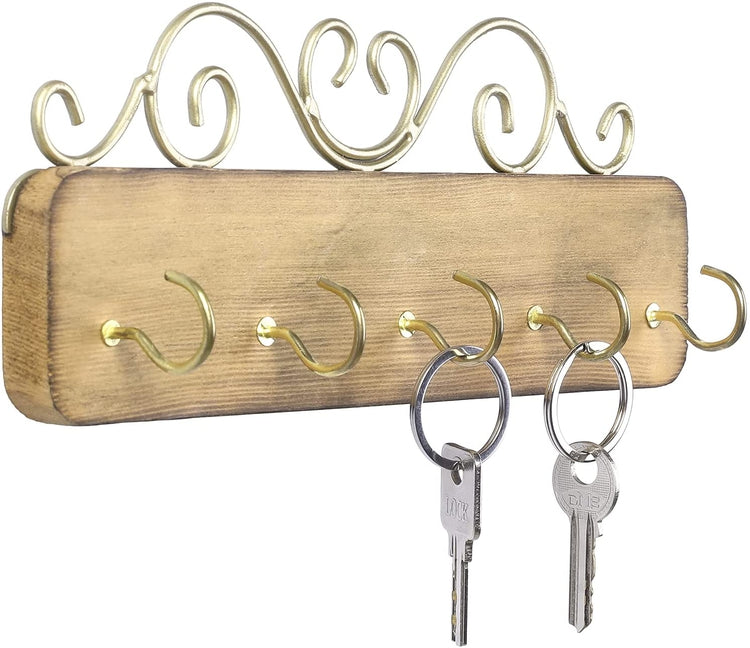 5-Hook Brass Tone Metal and Burnt Wood Wall Mounted Entryway Key Holder Organizer Rack-MyGift