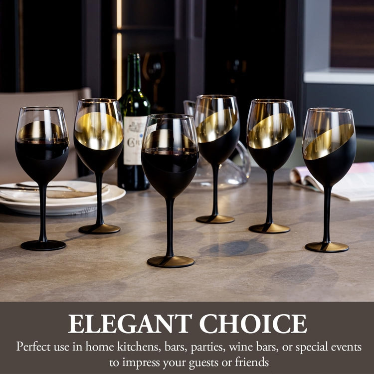 Matte Black and Gold Stemmed Wine Glasses, Elegant Angled Design Wine Glasses, Set of 6-MyGift