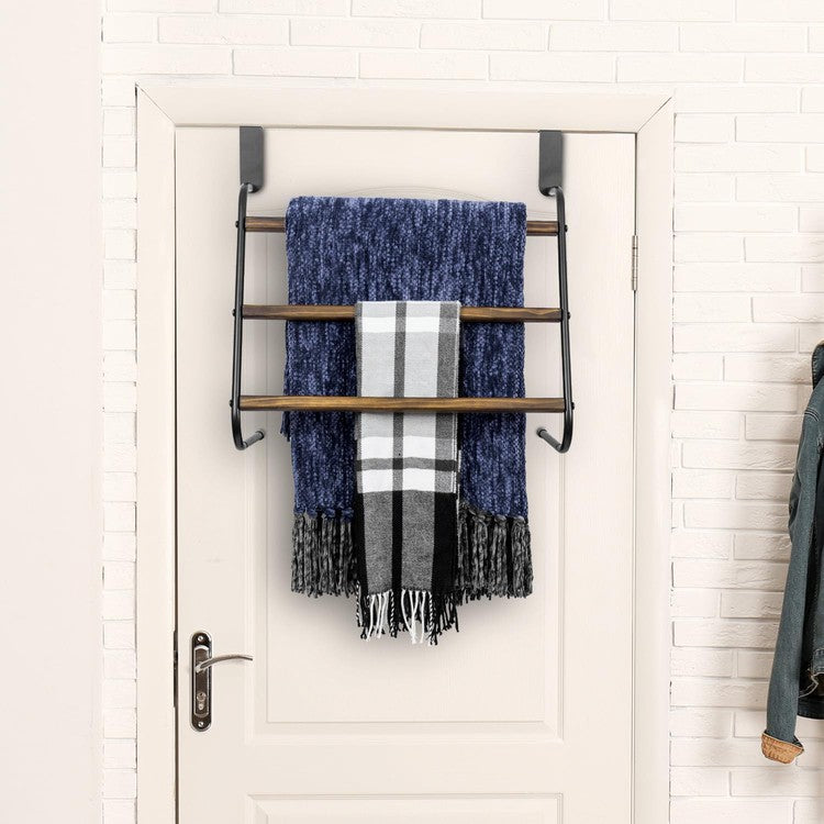 3 Tier Black Metal and Rustic Dark Burnt Wood Over-The-Door Towel Rack, Bathroom Door Drying Towels Hanger-MyGift