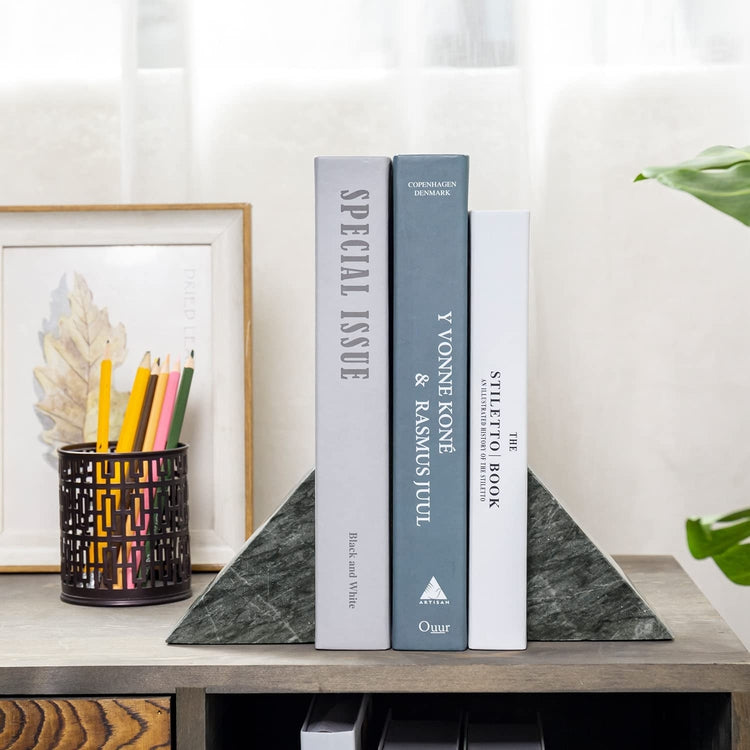 Set of 2, Black Marble Bookends, Decorative Heavy Stone Triangle Design Geometric Non-Slip Book Stopper Bookends-MyGift