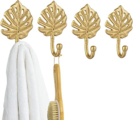 Vintage Gold Metal Wall Hanging Hooks with Leaf Design, Wall Mounted Entryway Coat Hooks, Set of 4-MyGift