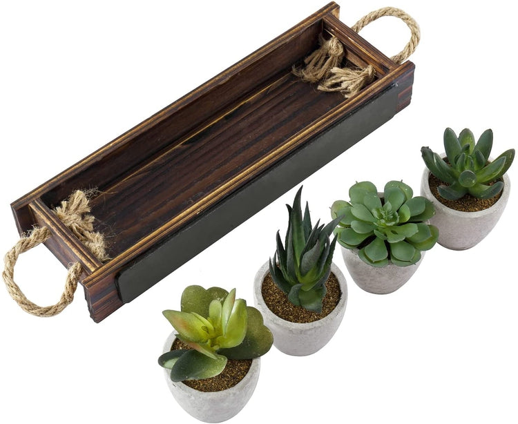 Mini Assorted Faux Succulents, Artificial Plants in Concrete Planters, Dark Brown Wood Window Box with Chalkboard Label-MyGift