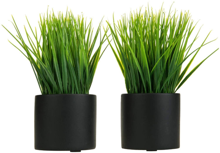 2 Pack Artificial Grass Fake Plant, Faux plant in Modern Round Black Cement Pots-MyGift