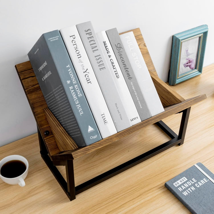 Metal Book Storage Rack Brown Wood and Black Metal Book Display Rack Shelf, Desktop Storage Or ...