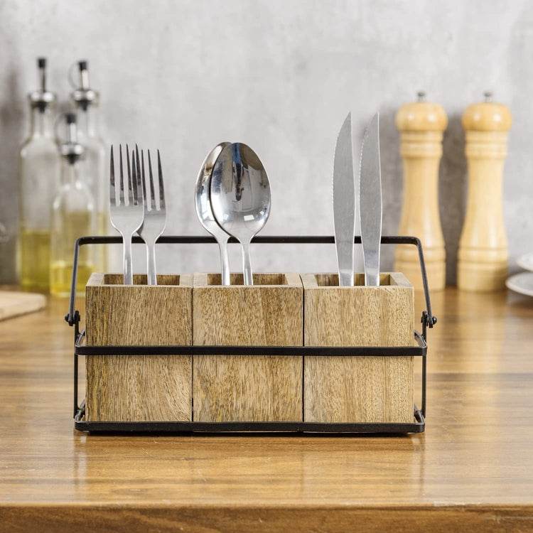Mango Wood Flatware Holder with Black Metal Wire Tray, Kitchen Countertop Dining Utensil Caddy-MyGift