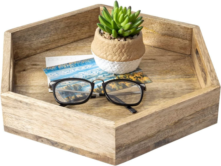 13 Inch Mango Wood Hexagonal Serving Tray, Handcrafted Coffee Table Tray with Cutout Handles-MyGift
