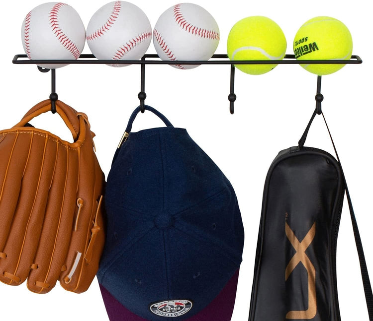 Black Metal Wire Wall Mounted Baseball, Tennis Sports Storage with Ball Shelf and 4 Hanging Hooks-MyGift