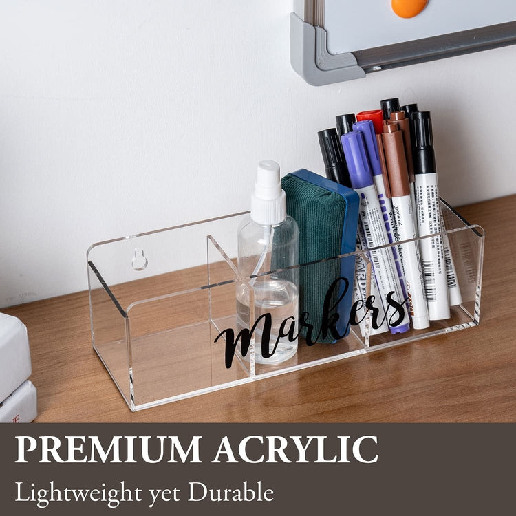 Clear Whiteboard Marker Holder with Black "Markers" Label, Wall Mounted or Tabletop Caddy for Dry Erase Accessories-MyGift