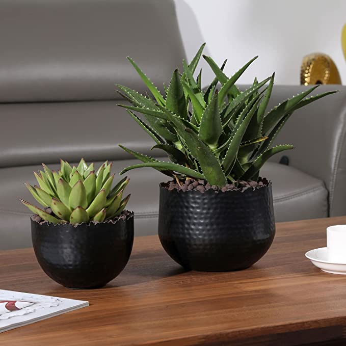 matte black plant pot Matte Black Metal Plant Pot with Jagged Live Edge & Hammered Design, Round Planter Bowl with Gold Interior, 2 Piece Set