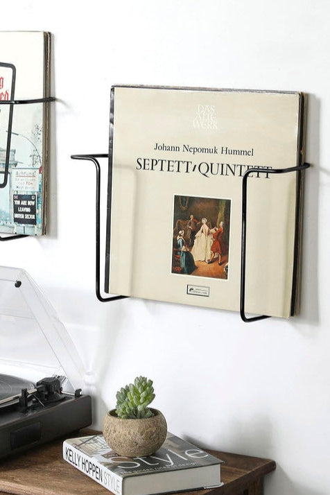Set of 2, Matte Black Metal Wire Wall Mounted Vinyl Records Storage Racks, LP Record Holders, Floating Album Shelves-MyGift