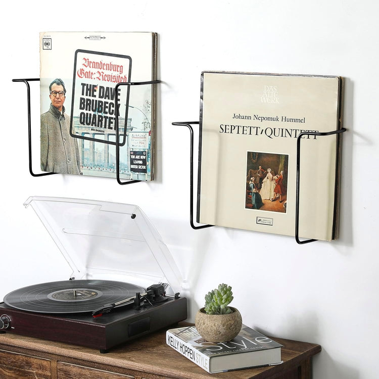 Set of 2, Matte Black Metal Wire Wall Mounted Vinyl Records Storage Racks, LP Record Holders, Floating Album Shelves-MyGift