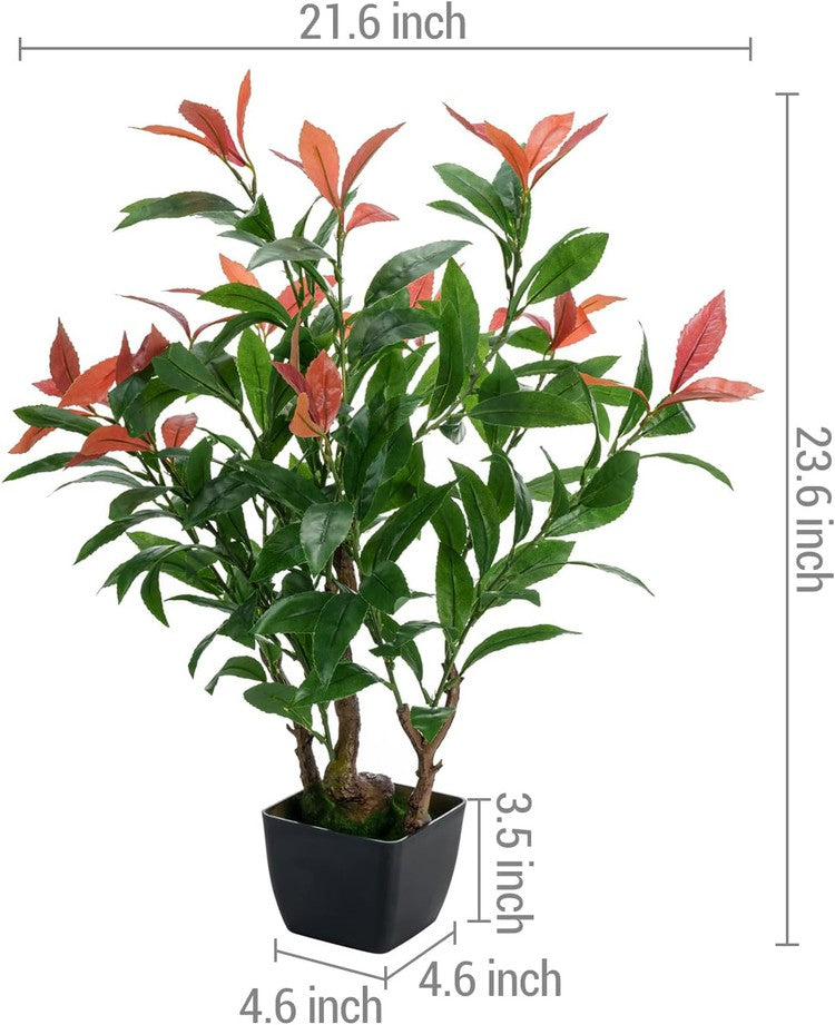 Artificial Fraser's Photinias Red Tip Evergreen Shrub in Black Plastic Planter Pot, Plant Container-MyGift