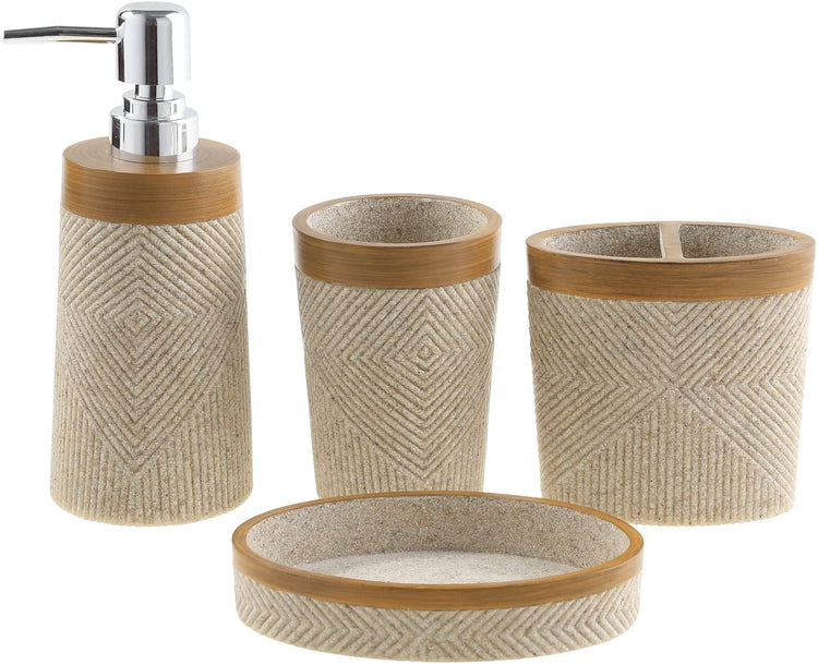 4 Piece Bathroom Set, Stone Striped Diamond Embossed, Liquid Pump Dispenser, Tumbler Cup, Toothbrush Holder, Soap Dish-MyGift