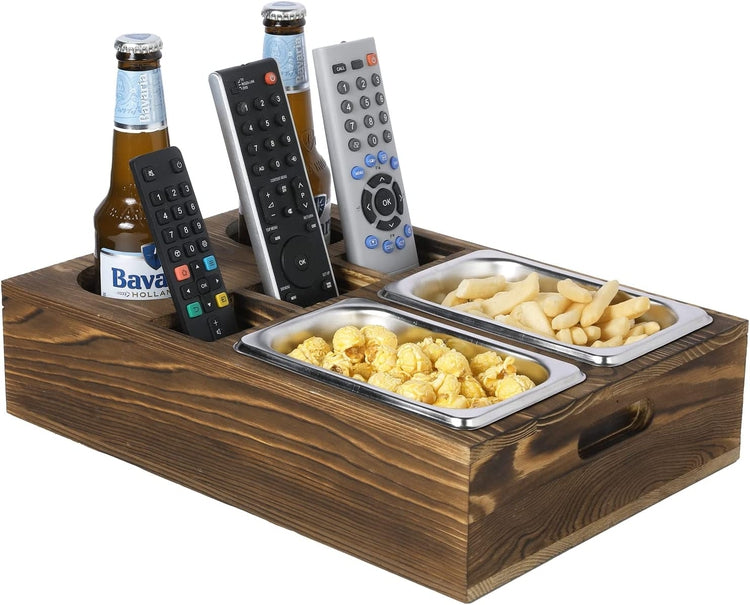 Burnt Brown Wood Sofa Couch Snacks Caddy Serving Crate Tray with 2 Cup Holders and 3 Remote Control Slots-MyGift