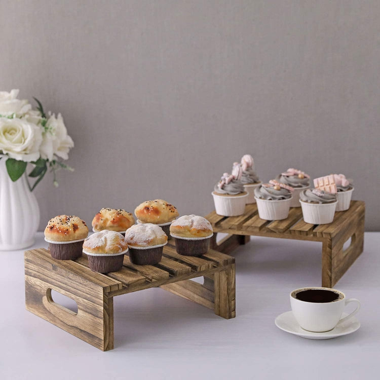 Set of 2, Brown Burnt Wood Cake, Cupcake and Dessert Buffet Display Holder Riser Stands-MyGift