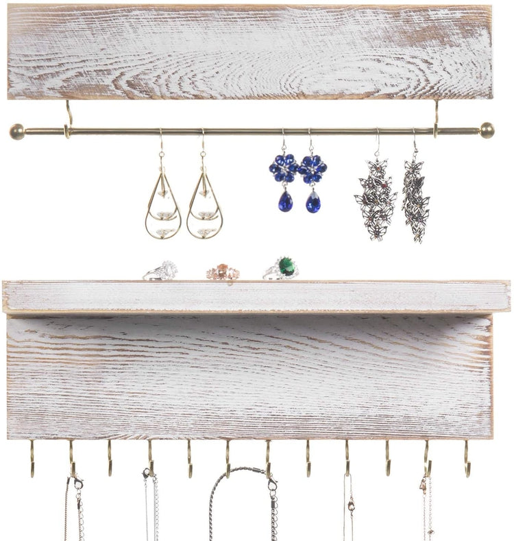 2 Piece Wall Mounted Jewelry Bar and Shelf with 12 Hooks, Shabby Whitewashed Wood Necklace Storage-MyGift