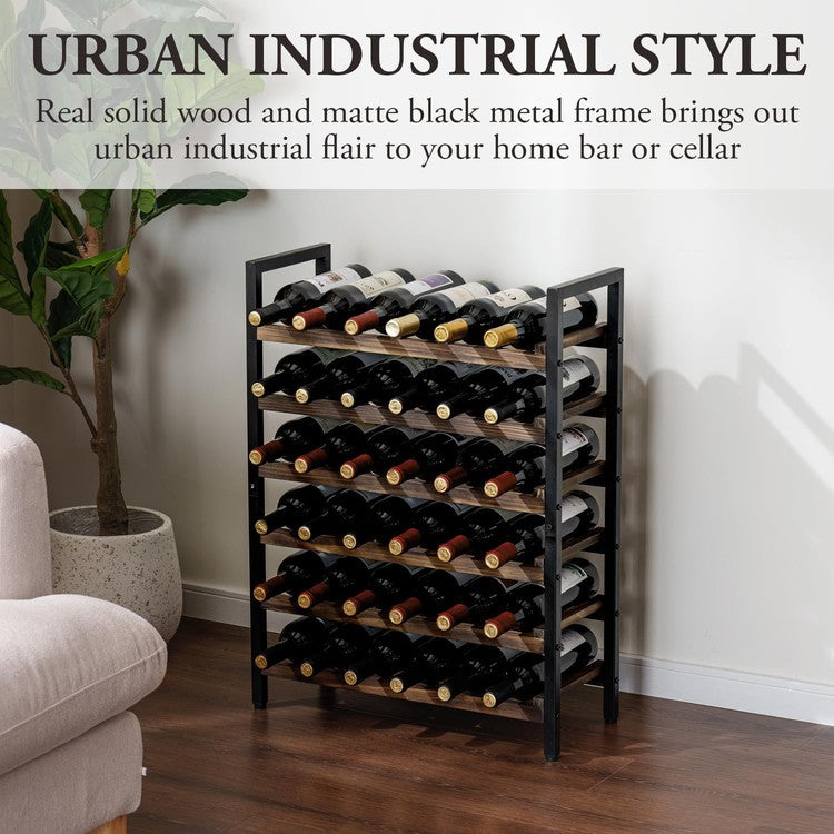 6 Tier Brown Wood and Black Metal Wine Bottle Holder Storage Rack, Holds up to 36 Bottles-MyGift