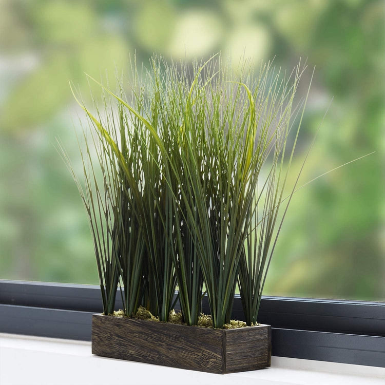 16 Inch Artificial Shrubs Onion Grass, Faux Greenery Plants in Rectangular Brown Wood Planter Box-MyGift