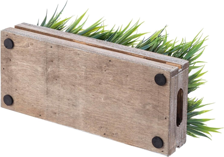0.5 Inch Artificial Green Grass Plant in Brown Wood Planter Window Box, Tabletop Plant Container-MyGift