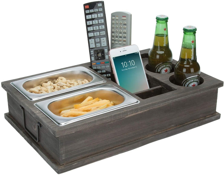Vintage Gray Wood All-in-One Snack Caddy with Remote Control, Phone and Cup Holders-MyGift