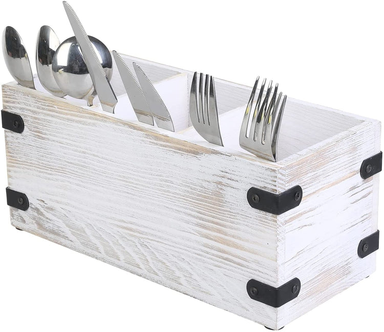 Whitewashed Wood Utensil Holder with Metal Accents, Countertop Kitchen Cooking Tool Organizer with Stenciled UTENSILS-MyGift