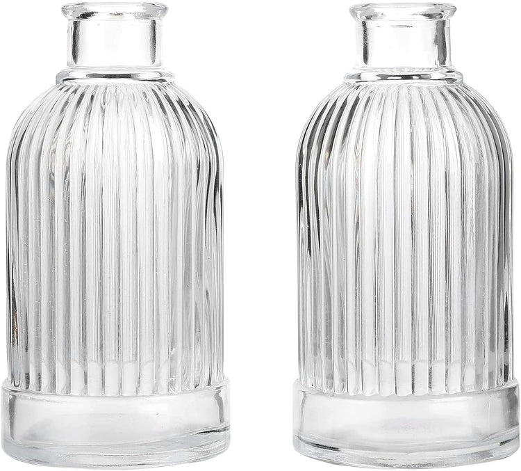 Set of 2, Embossed Clear Glass Reed Diffuser Bottles Rounded Miniature Flower Vases with Vertical Ribbed Textured Design-MyGift