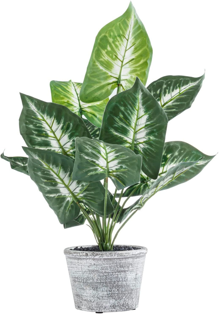 15-Inch Tabletop Artificial Green Leaf Plant Potted in Distressed Gray Planter Pot, Fake House Plant, Faux Greenery-MyGift