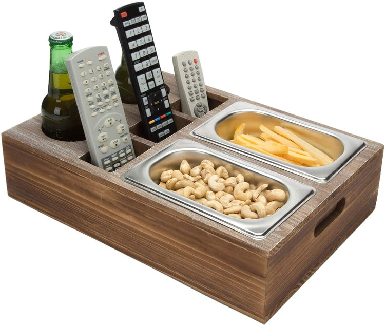 Whitewashed Wood Snacks Caddy Serving Crate Tray with 2 Cup Holders and 3 Remote Control Slots-MyGift
