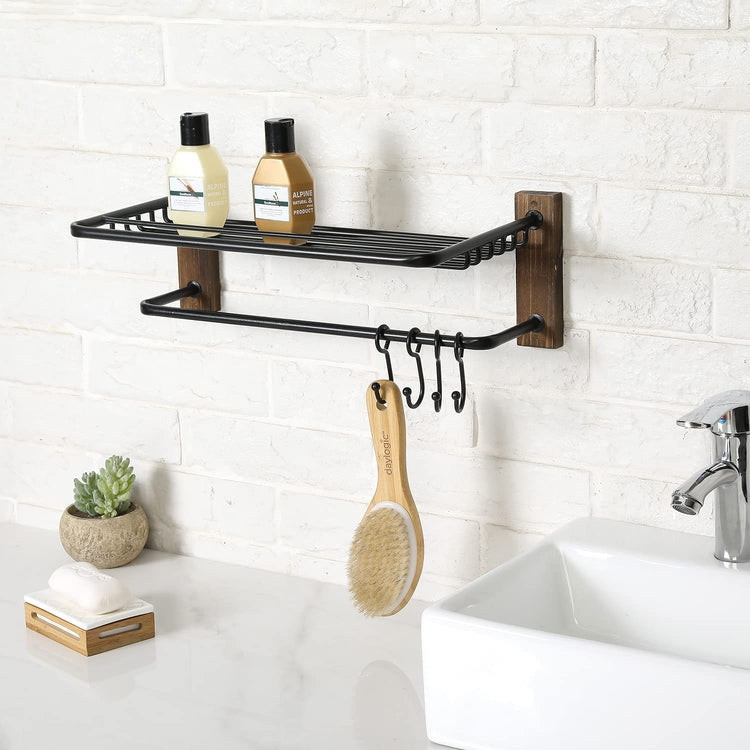Black Metal and Burnt Wood Wall Mounted Towel Holder Rack with Toiletries Shelf, 4 Hanger Hooks-MyGift