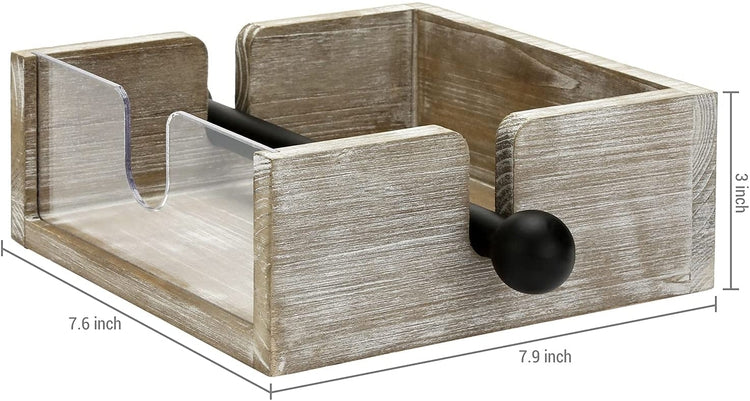 Whitewashed Wood Square Paper Napkin Holder Rack with Matte Black Metal Weighted Arm Bar-MyGift