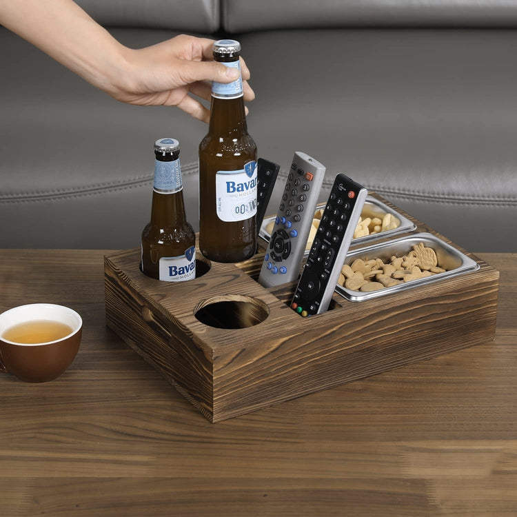 Burnt Brown Wood Sofa Couch Snacks Caddy Serving Crate Tray with 2 Cup Holders and 3 Remote Control Slots-MyGift