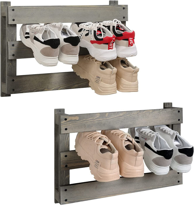 Set of 2, Gray Wood Wall Mounted Slat Design Shoe Storage Rack, Entryway Footwear Organizer Holder-MyGift