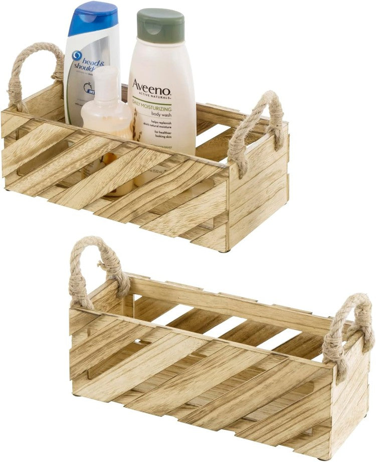 Natural Paulownia Wood Nesting Storage Baskets with Rugged Rope Handles, Carrying Caddy Organizer Bins for Home Bathroom-MyGift