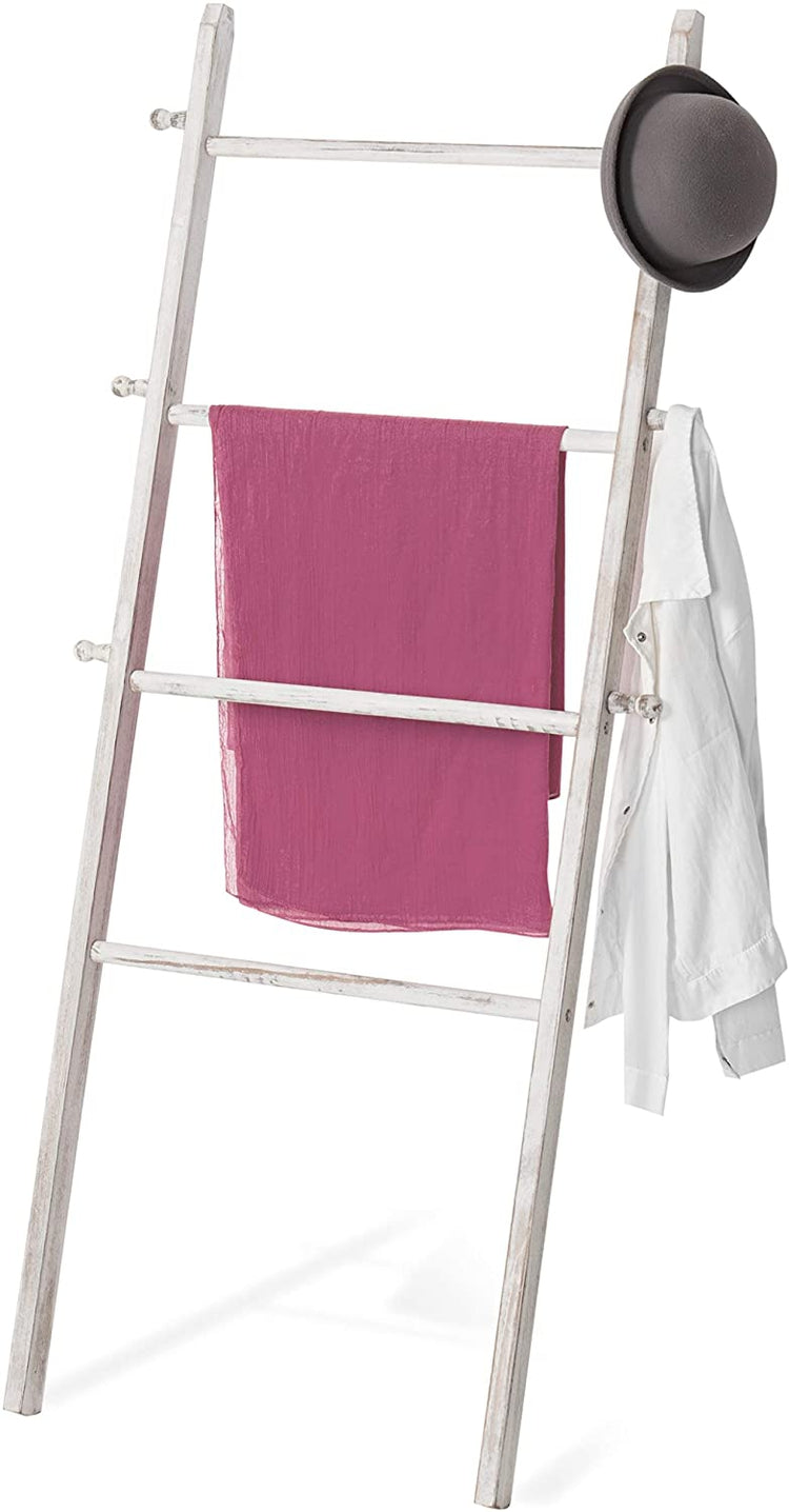 5-Foot Wall-Leaning Whitewashed Wood Ladder-Style Wall Rack-MyGift