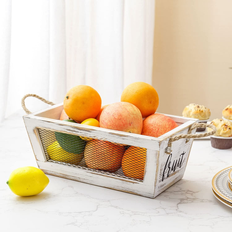 Wooden Fruit Basket, Whitewashed Wood Storage Bin with Wire Mesh Sides, Rope Handles and Cursive FRUIT Label-MyGift