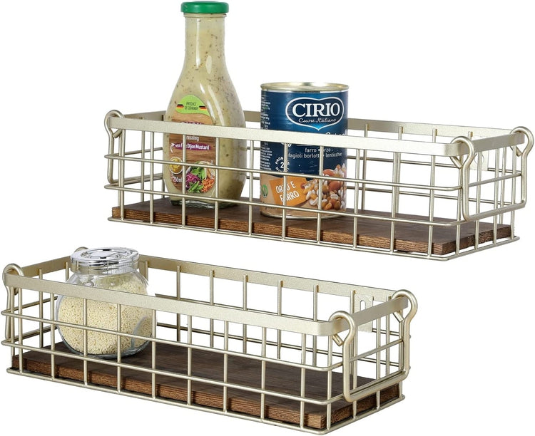 Set of 2, Wall Mounted or Tabletop Modern Brass Metal Wire and Burnt Wood Small Decorative Storage Baskets with Handles-MyGift