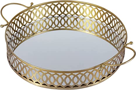 16 Inch Vintage Round Mirrored Brass Tone Metal Bathroom Vanity Tray-MyGift