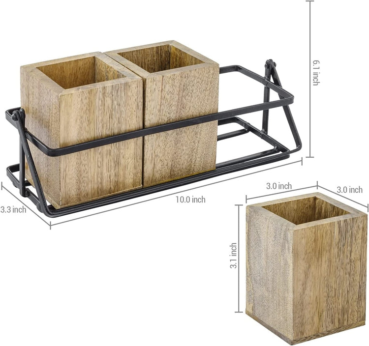 Mango Wood Flatware Holder with Black Metal Wire Tray, Kitchen Countertop Dining Utensil Caddy-MyGift