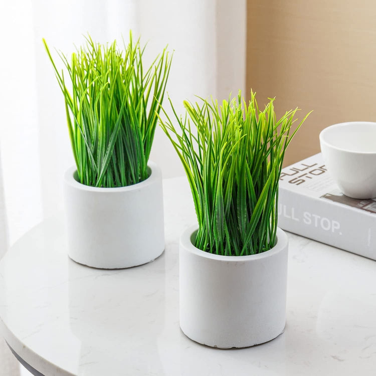 Set of 2, Tabletop Artificial Grass Plants Faux Greenery Plant Potted in Cylindrical White Cement Pots-MyGift