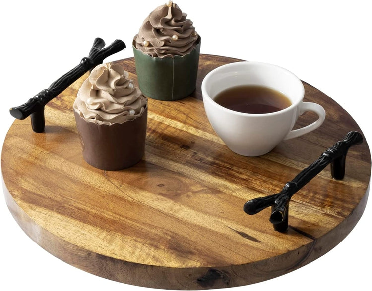Burnt Brown Mango Wood Round Serving Tray Centerpiece with Cast Iron Branch Design Handles-MyGift