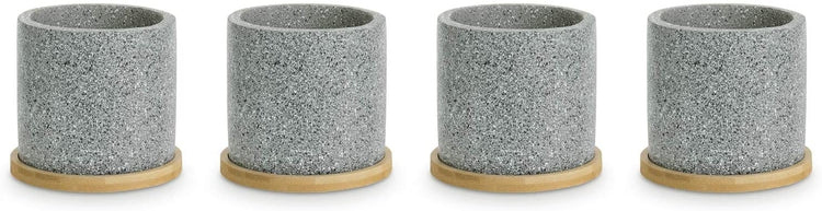 Set of 4 Speckled Gray Concrete Planter Pots with Bamboo Saucer Trays-MyGift