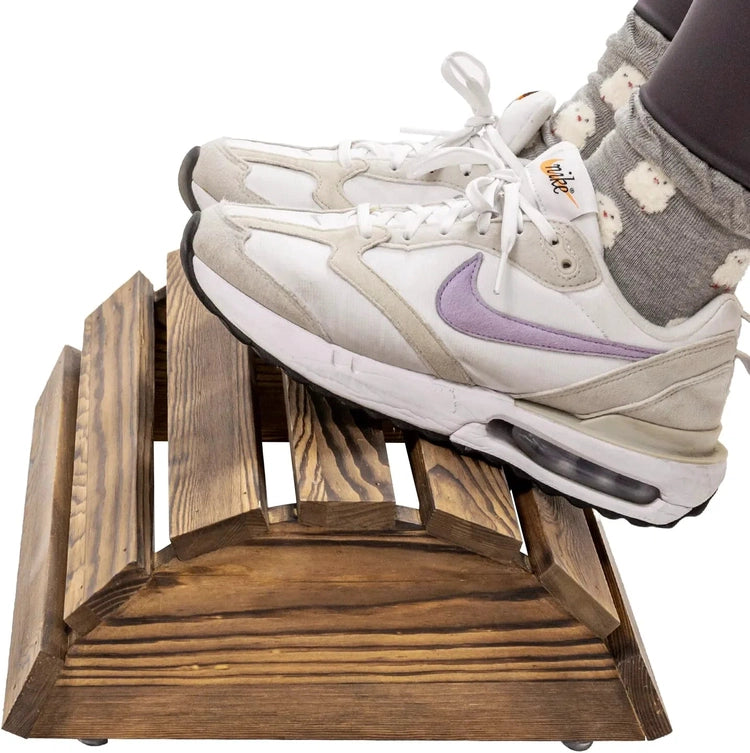 Burnt Wood Footrest, Ergonomic Posture Support Foot Stool for Under Office Desk, Wood Slats Semicircle Design-MyGift
