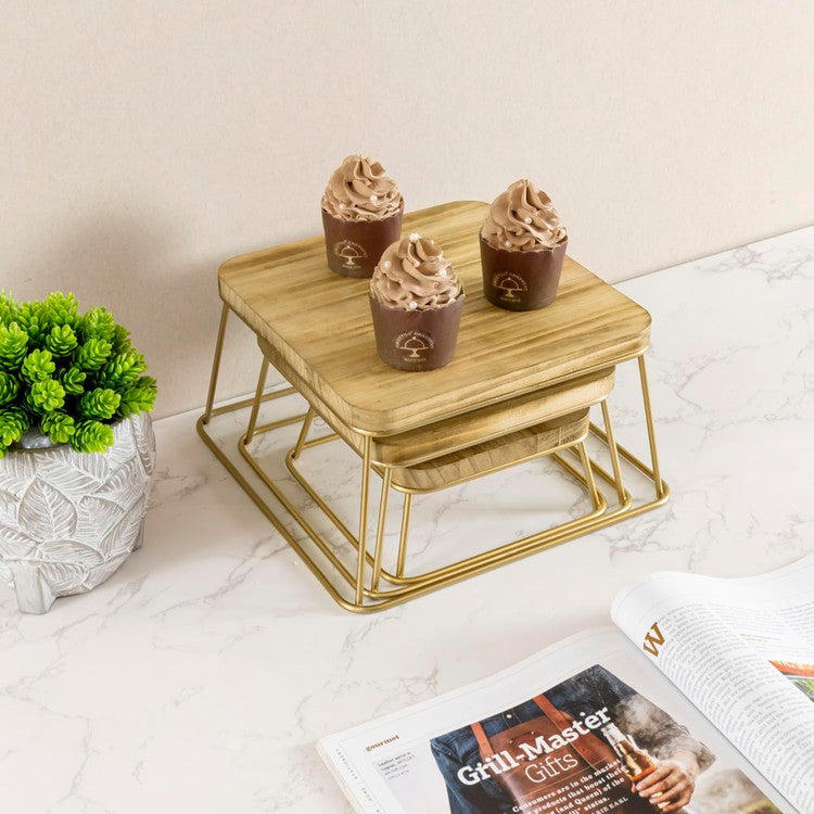 Candy Riser Set of 3 Burnt Wood and Gold Tone Metal Dessert Risers Display Stand ...