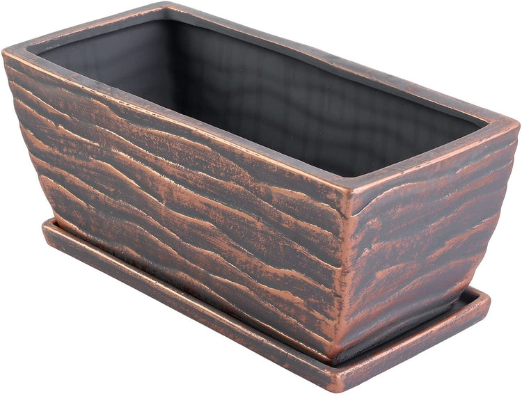 12 Inch Copper Ceramic Succulent Plant Pot, Drainage and Embossed Design, Window Box Planter with Removable Saucer Tray-MyGift