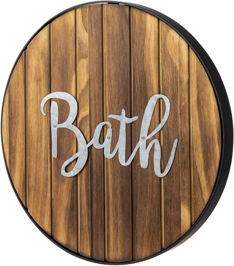 Round Hanging Bath Sign, Farmhouse Wood and Galvanized Cursive Lettering Mounted Bathroom Wall Décor-MyGift