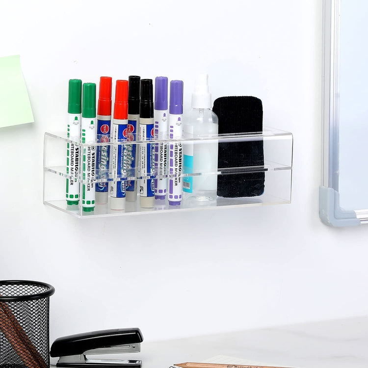 Clear Acrylic Wall Mounted Whiteboard Marker Holder, Office Supplies Storage Rack with Compartments-MyGift